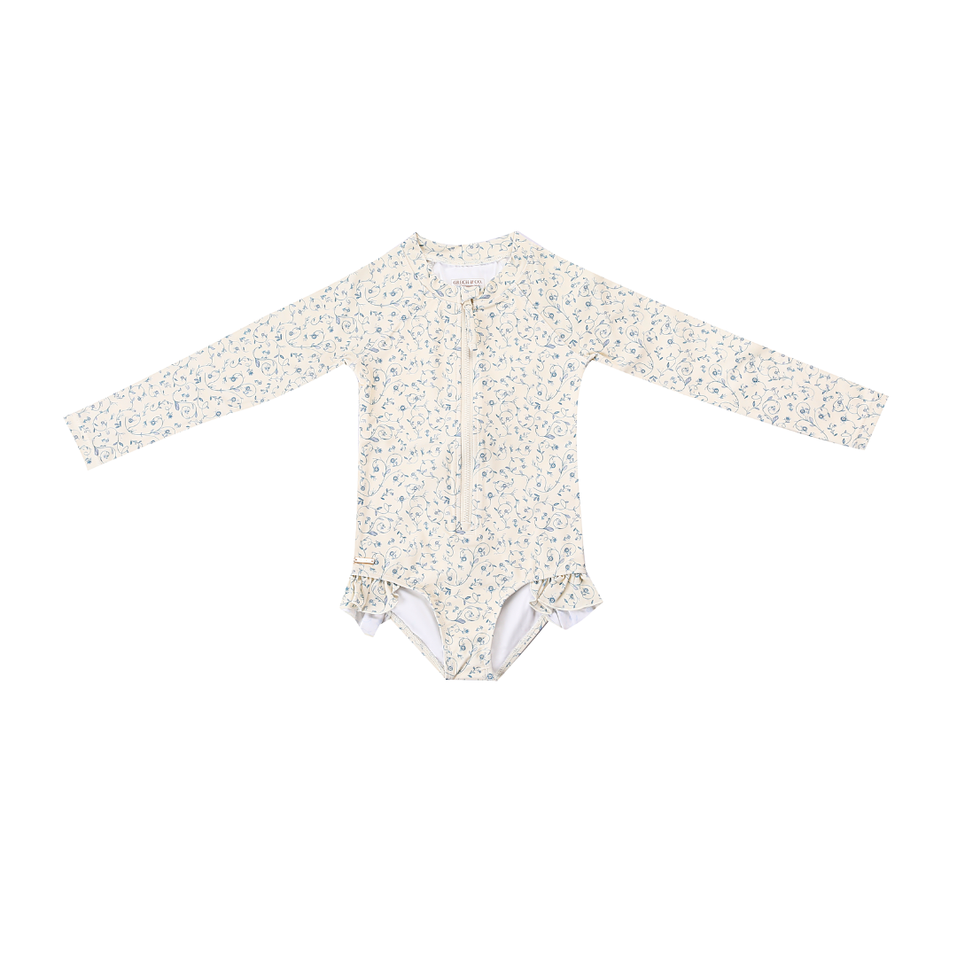 Long Sleeve Rashguard Ruffle Swimsuit | Upf + Recycled - Scandi Floral
