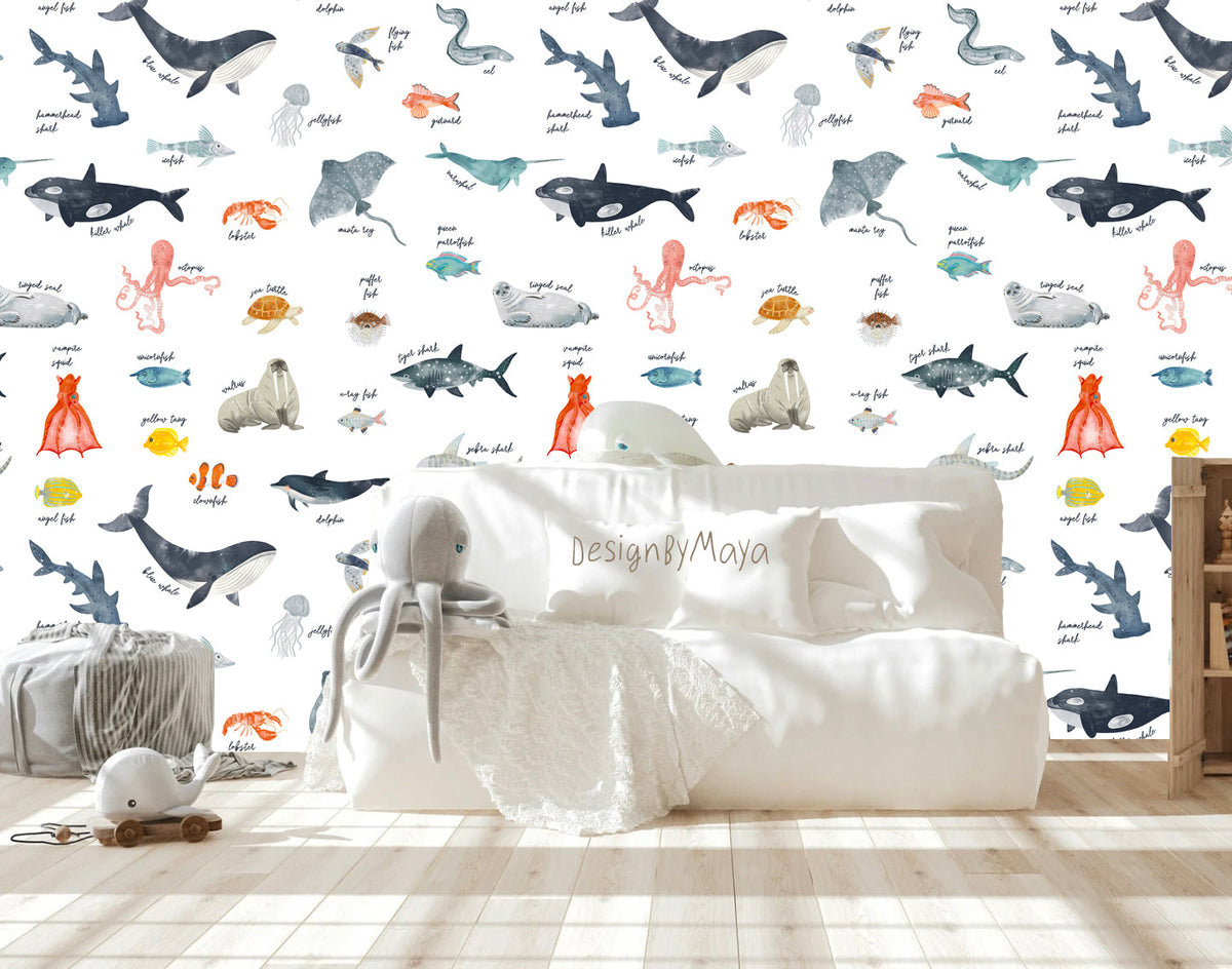 Sea Life & Alphabet Animal Wallpaper - Nursery Wall Decor Wallpapers