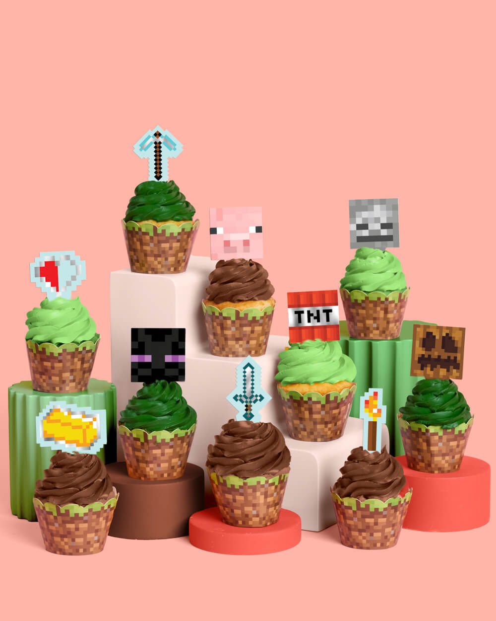 Pixel Mining Cupcake Set - 30 Sets Of Liners + Toppers