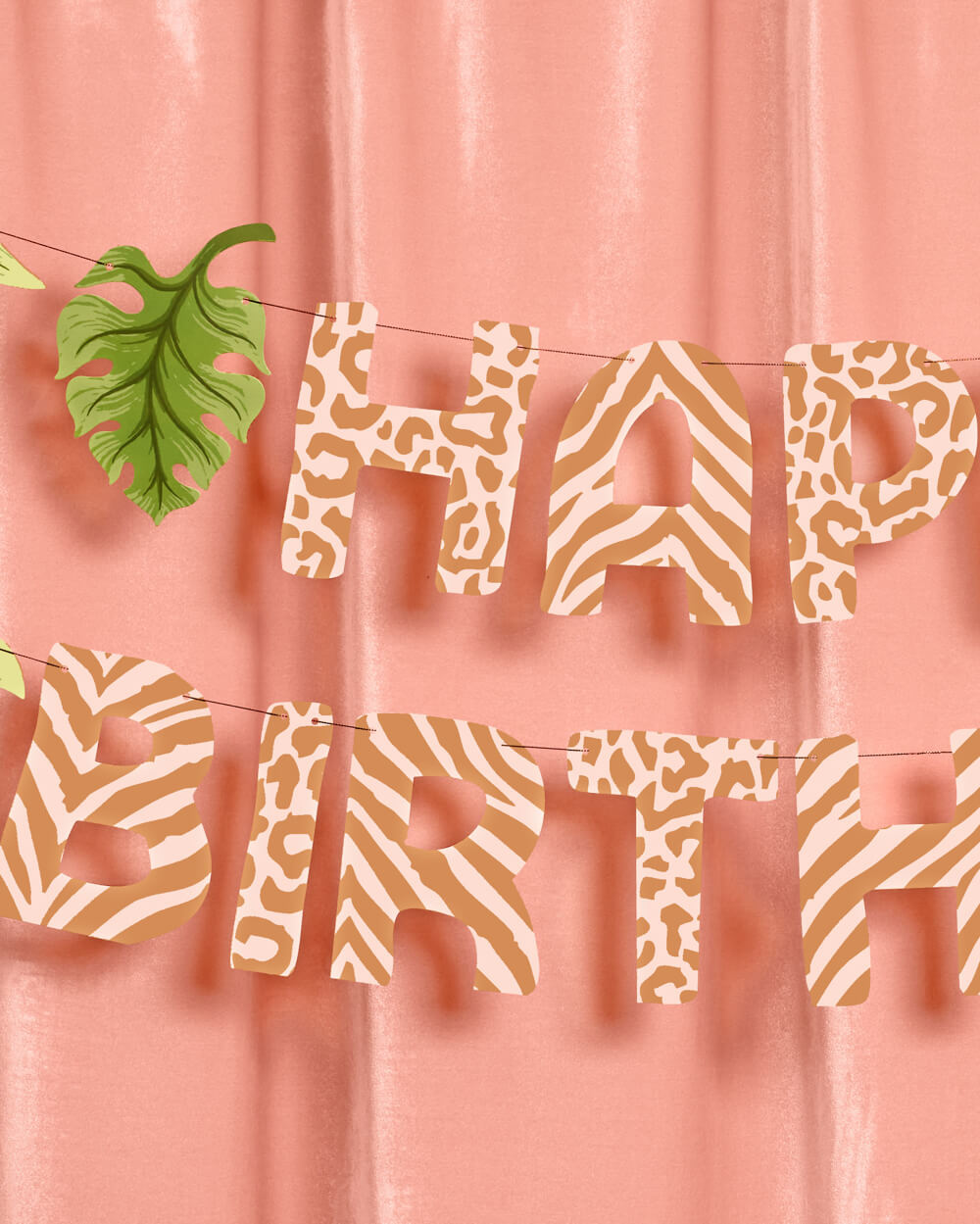 Safari Birthday Banner - Animal Print + Leaf Icons