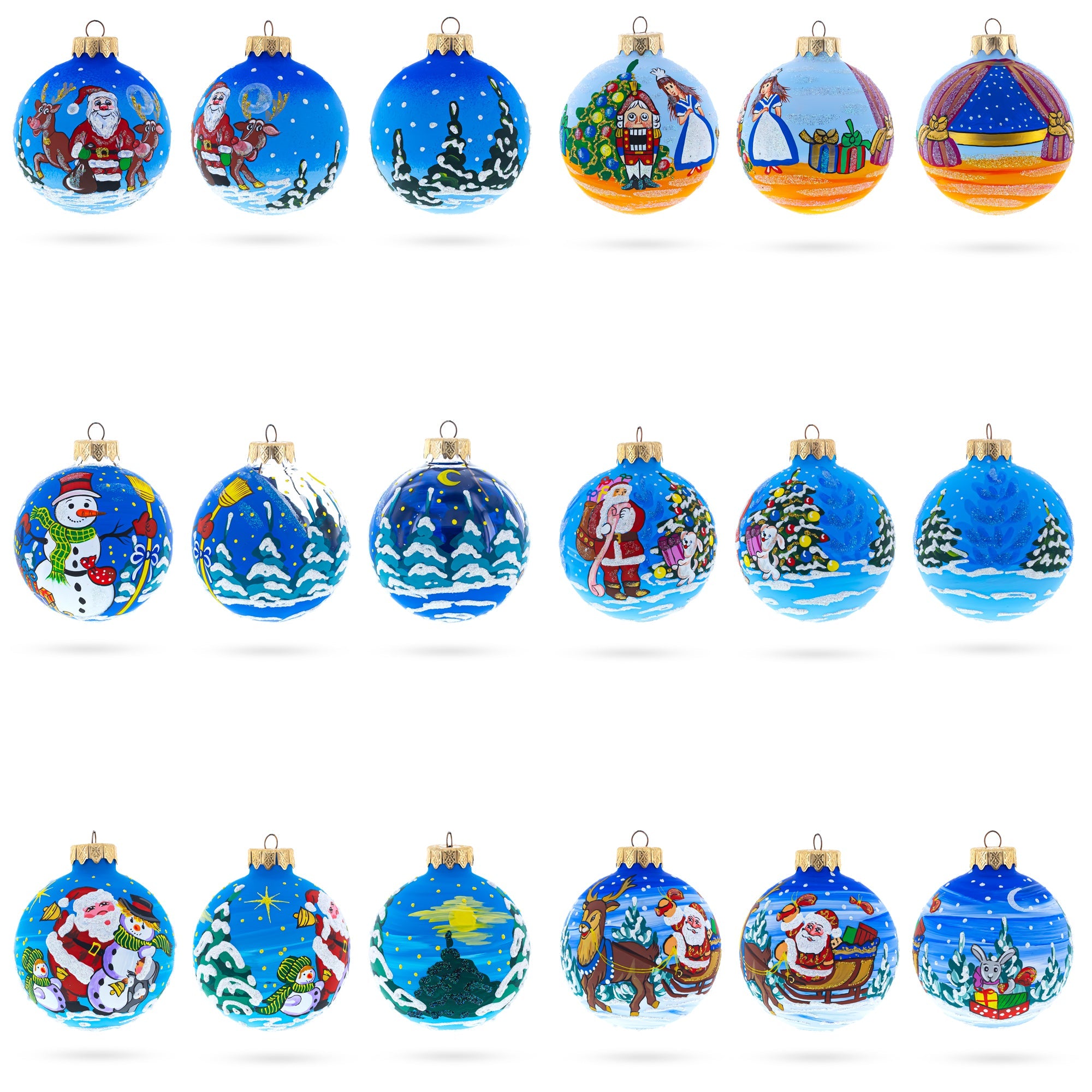 Set Of 6 Santa, Snowman, Reindeer, Nutcracker Glass Christmas Ornaments