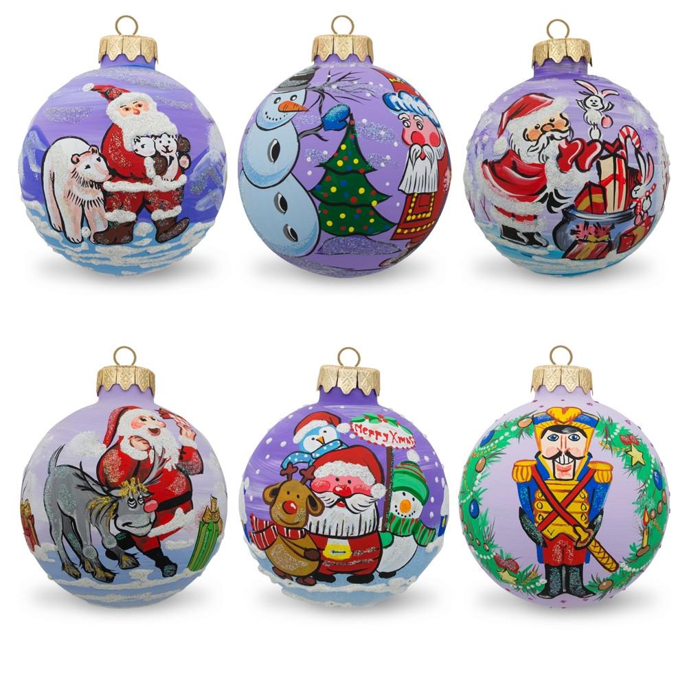 Set Of 6 Santa, Bear, Snowman, Bunny, Reindeer Glass Christmas Ornaments