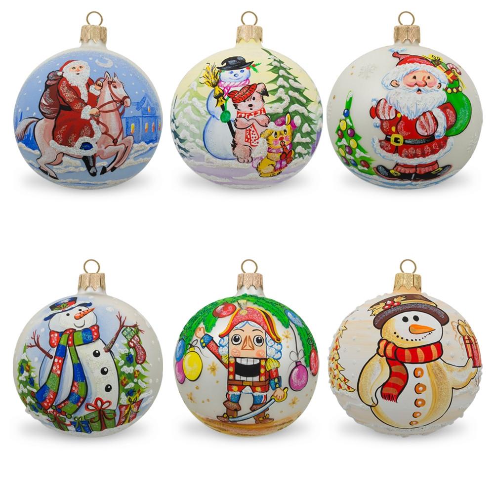 Set Of 6 Glass Ball Christmas Ornaments - Snowmen, Santa's & Nutcracker