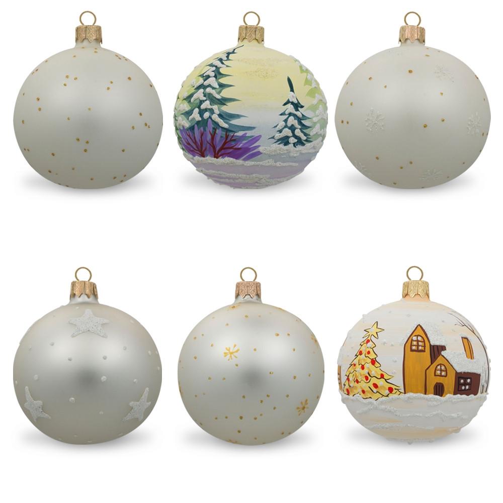 Set Of 6 Glass Ball Christmas Ornaments - Snowmen, Santa's & Nutcracker