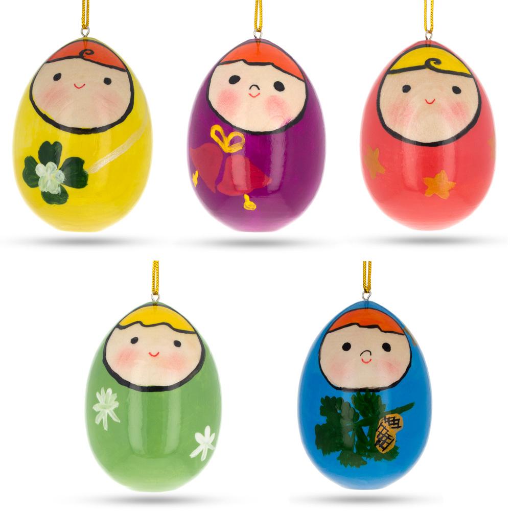 Set Of 5 Wooden Egg Shaped Matryoshka Nesting Doll Ornaments