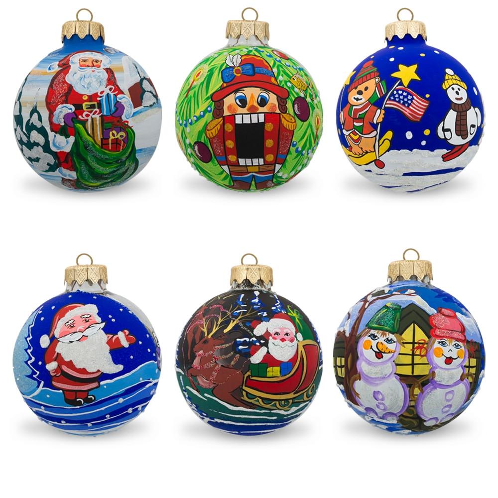 Set Of 6 Snowman, Bear, Santa, Nutcracker Glass Ball Christmas Ornaments