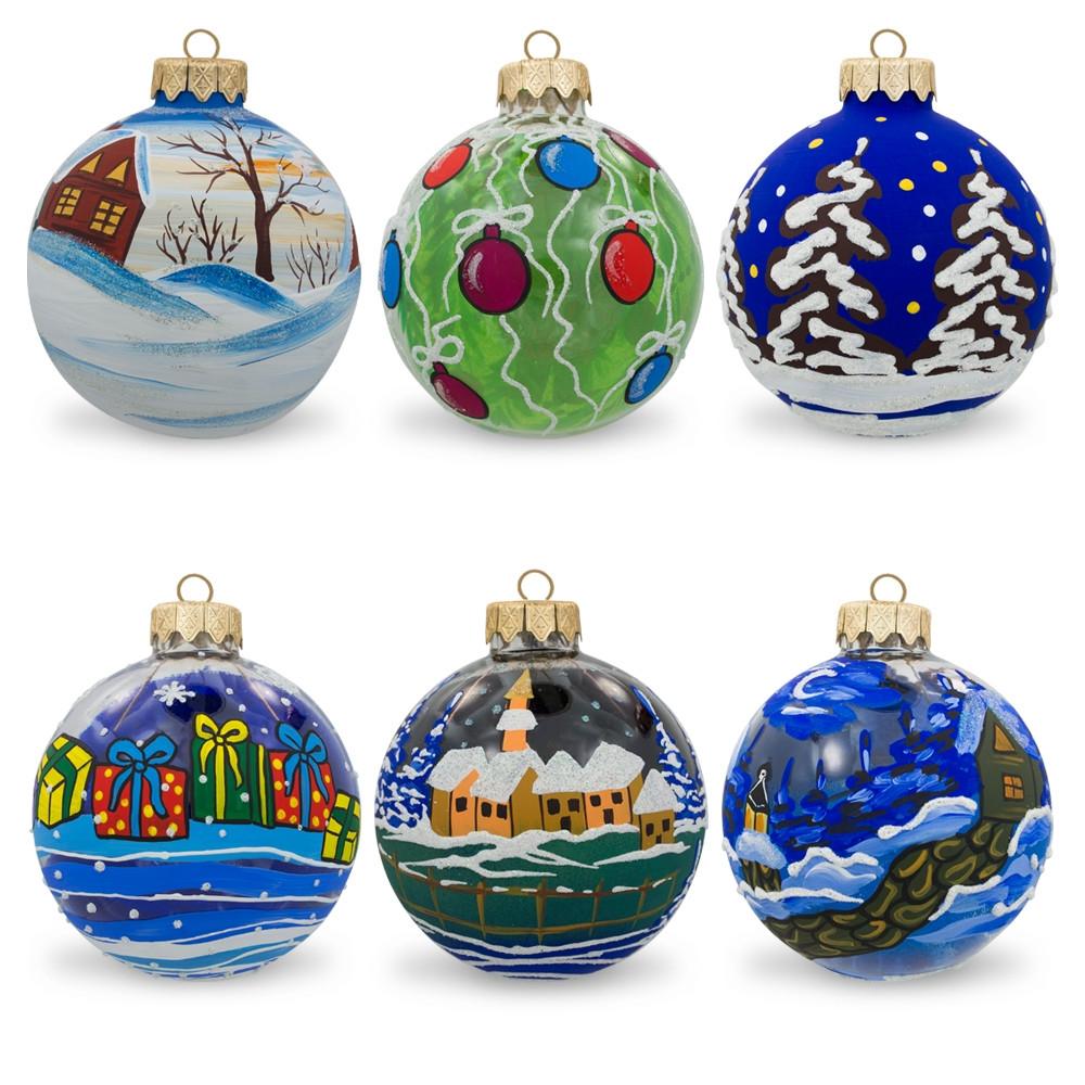 Set Of 6 Snowman, Bear, Santa, Nutcracker Glass Ball Christmas Ornaments