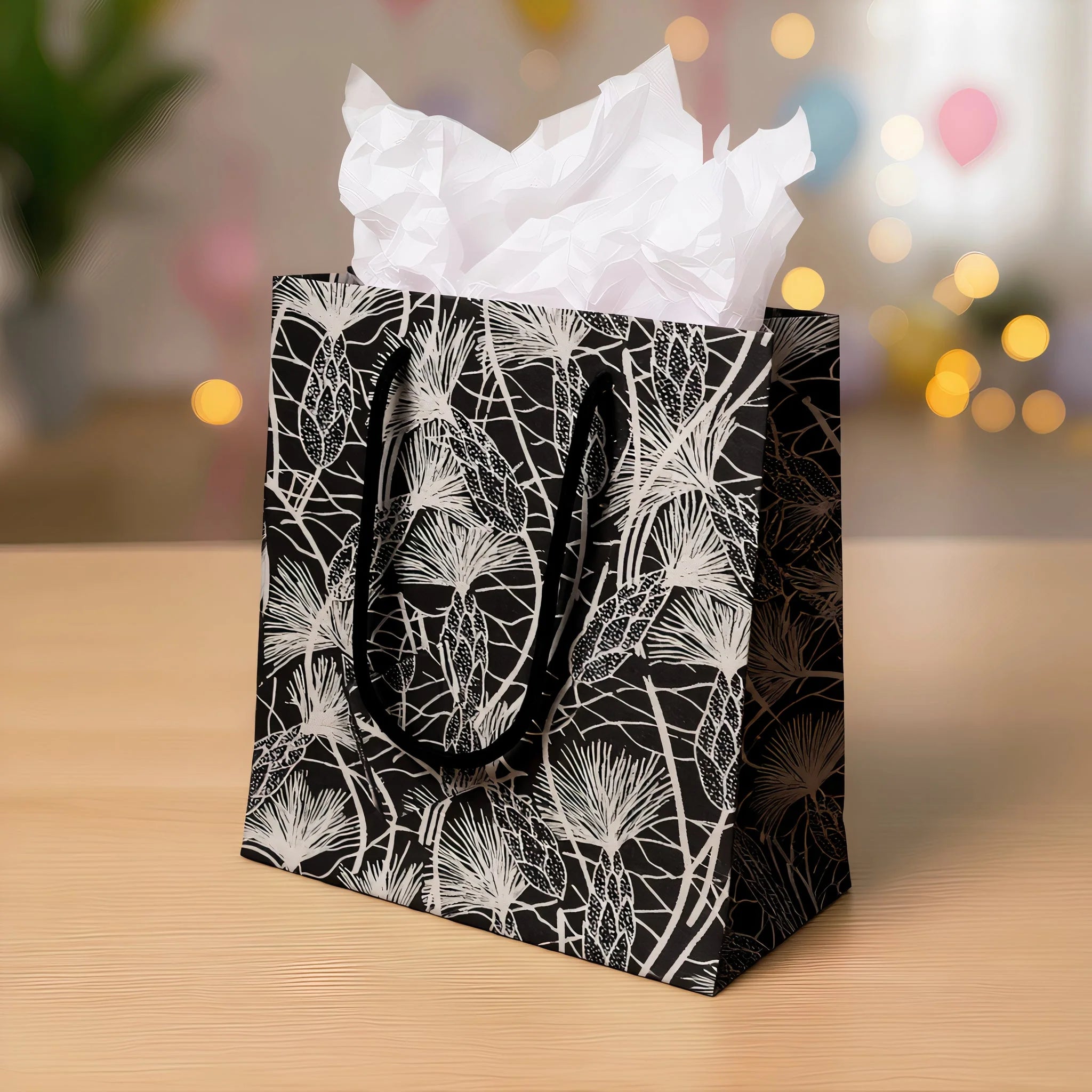 Set Of Six Recycled Cotton Gift Bags Tag Black Beach Grass Design