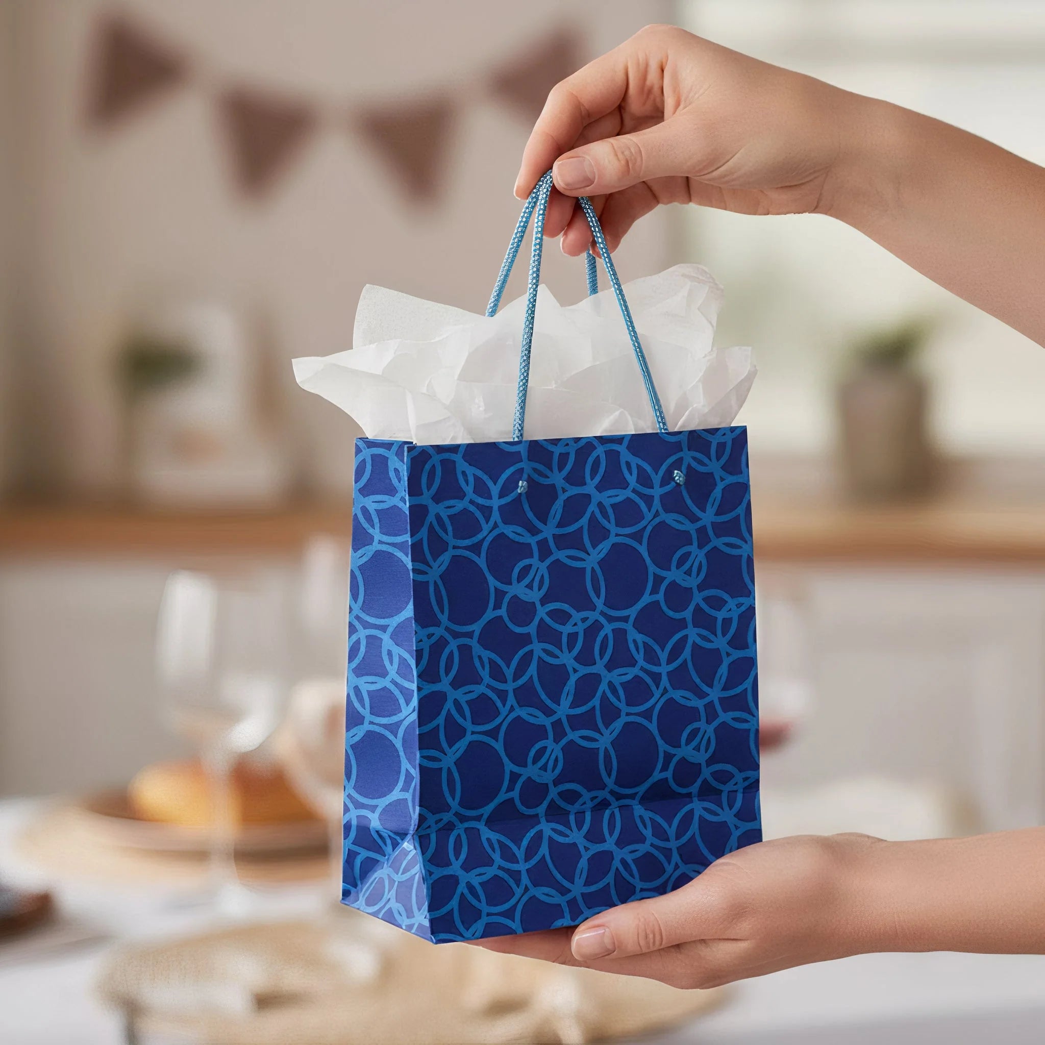 Set Of Six Recycled Cotton Gift Bags With Tag In Blue Circles Design