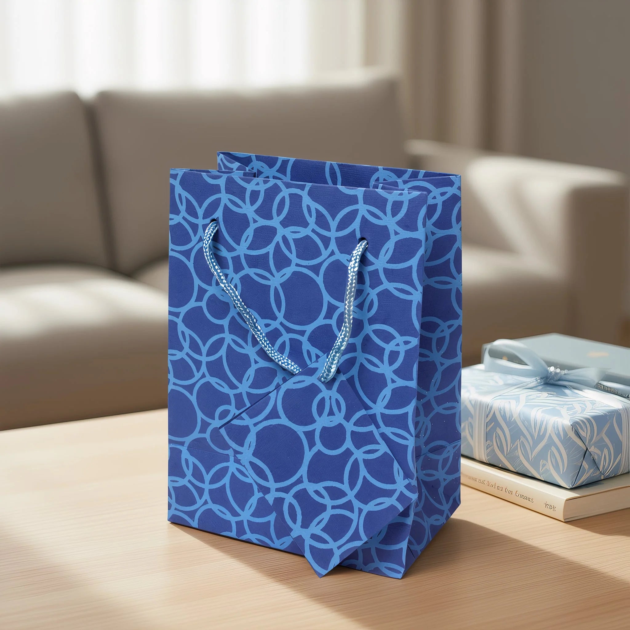 Set Of Six Recycled Cotton Gift Bags With Tag In Blue Circles Design