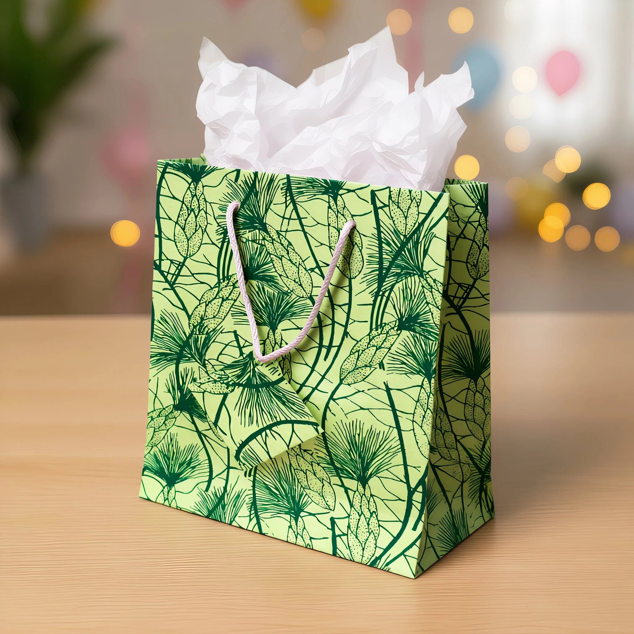 Set Of Six Recycled Cotton Gift Bags With Tag In Green Beach Grass Design