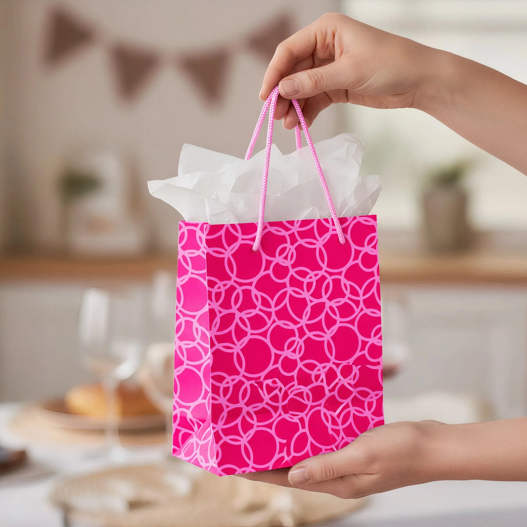 Set Of Six Recycled Cotton Gift Bags With Tag In Pink Circles Design