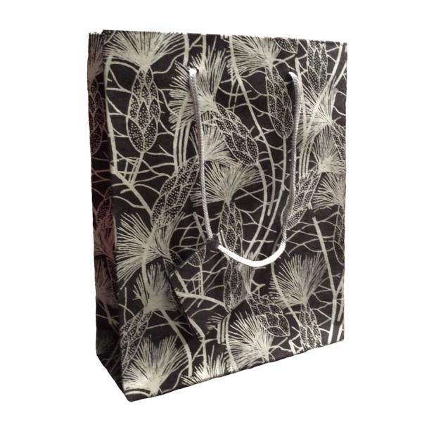 Set Of Six Recycled Cotton Gift Bags Tag Black Beach Grass Design