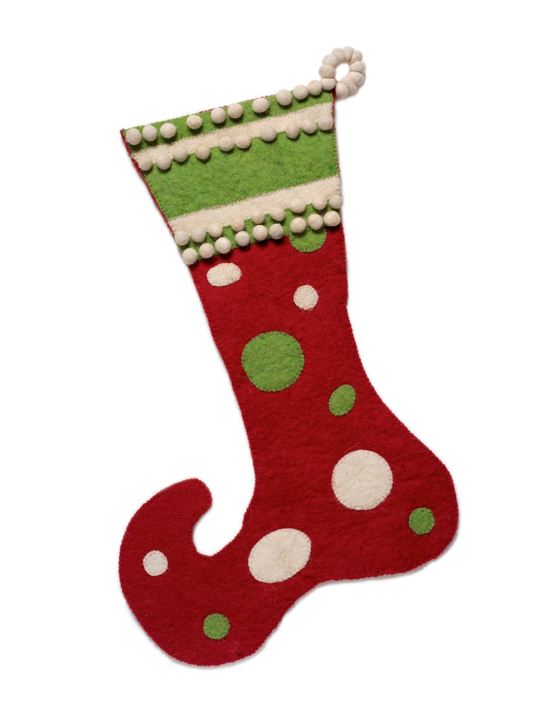 Hand Felted Wool Christmas Stocking - Green Jester With Red