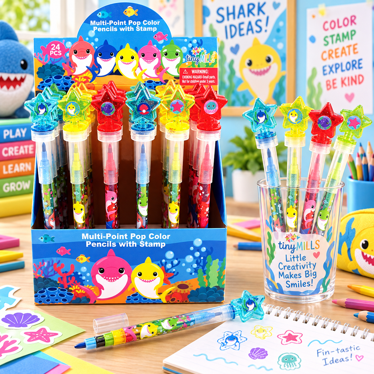 Shark Family Stackable Crayon With Stamper Topper