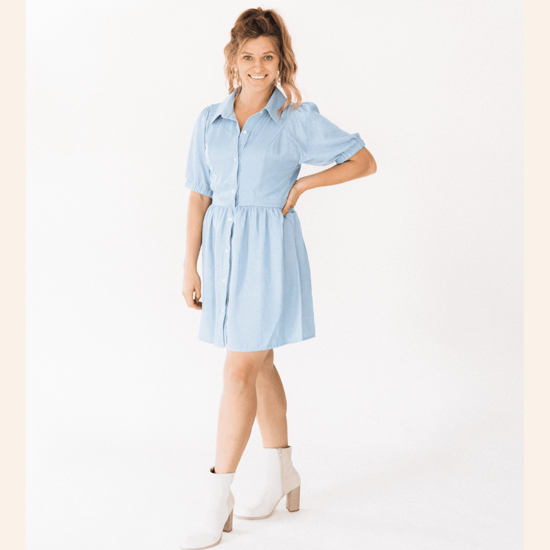 Shimmer Button Down Drop Waist Dress- Women