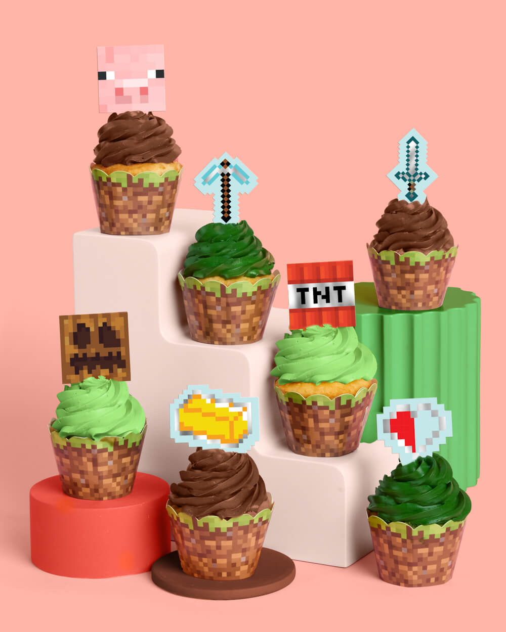 Pixel Mining Cupcake Set - 30 Sets Of Liners + Toppers