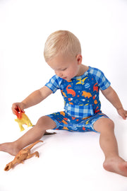 Space Dinosaur Bamboo Short Romper | Electric Blue