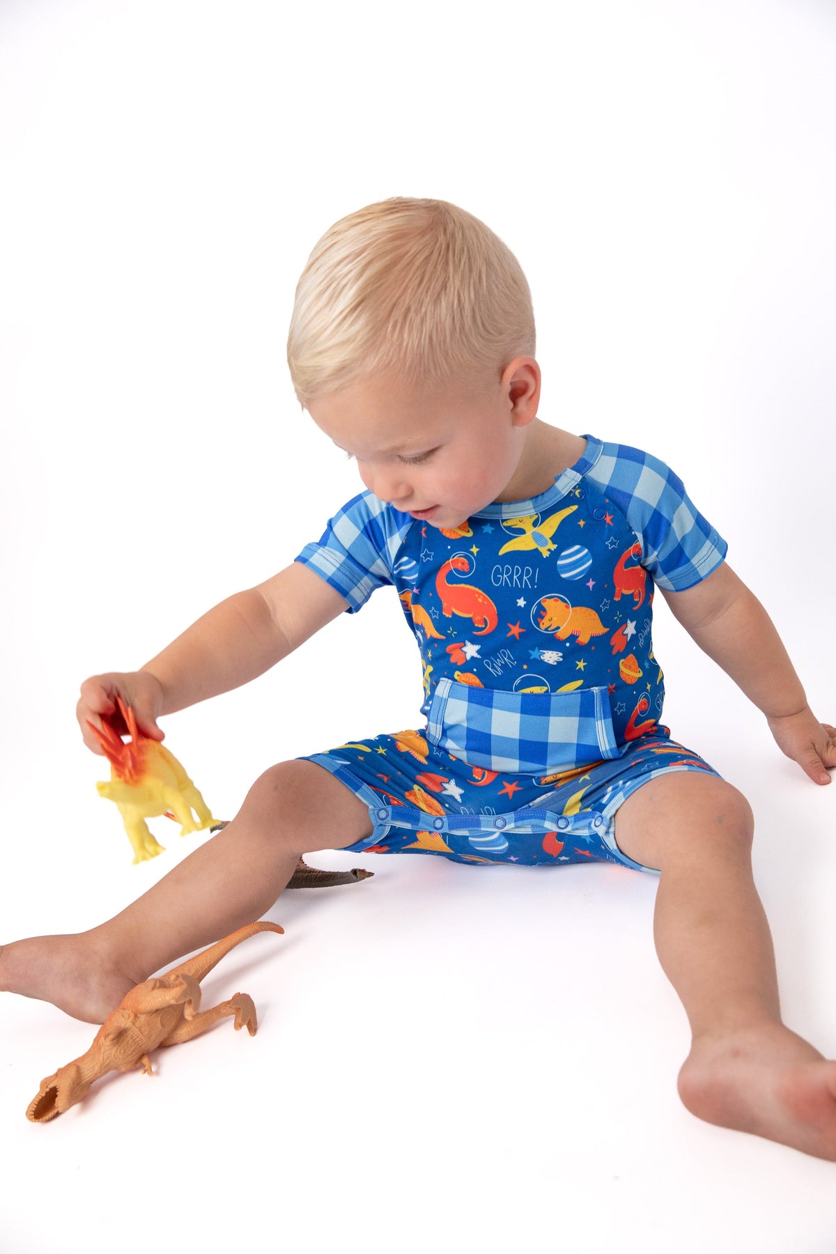 Space Dinosaur Bamboo Short Romper | Electric Blue