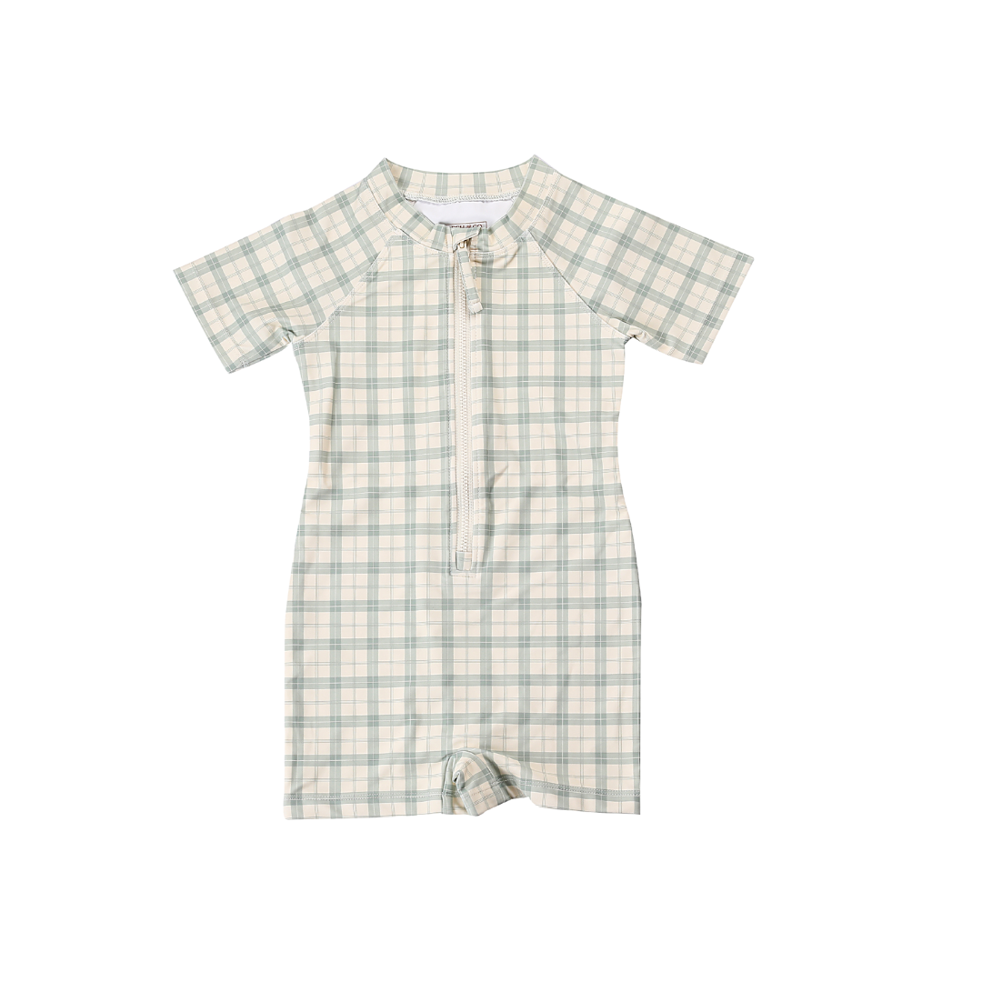 Short Sleeve Rashguard Swimsuit | Upf + Recycled - Fern Plaid