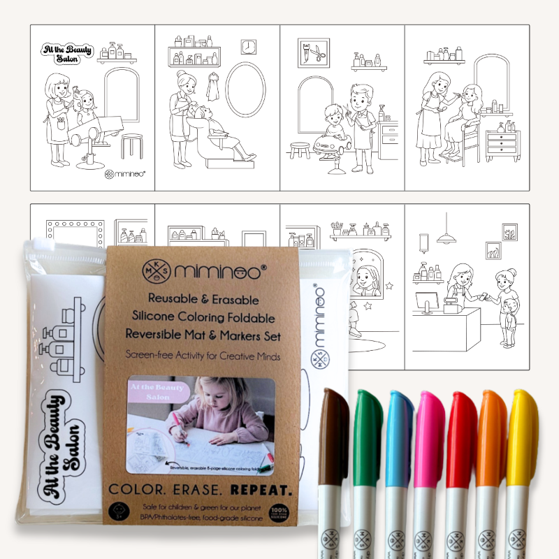 Reversible Foldable Opaque Silicone Coloring Mat & Markers Set - At The Beauty Salon