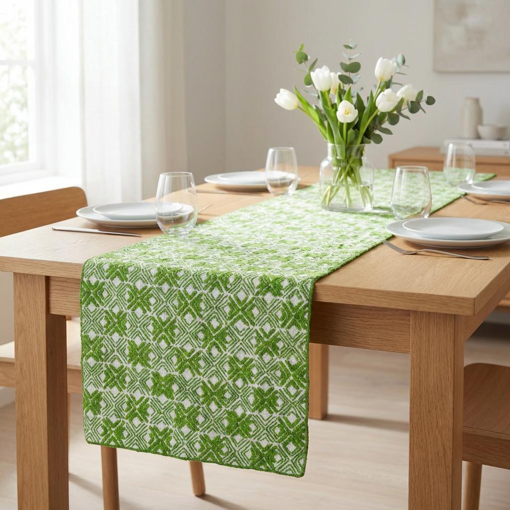Silk And Chenille Hand Beaded Table Runner Green- 14"x72"