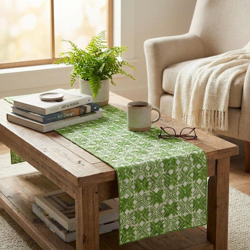 Silk And Chenille Hand Beaded Table Runner Green- 14"x72"