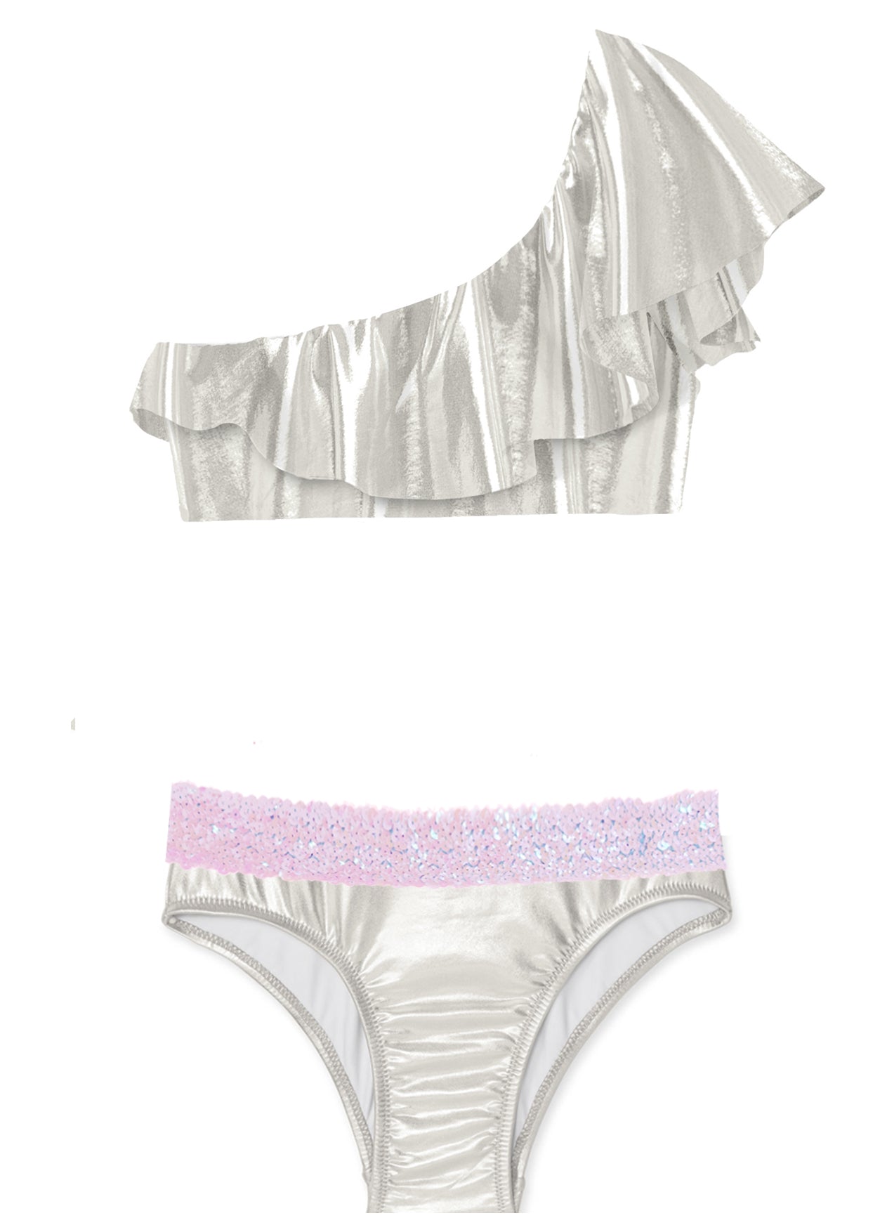 Silver One Shoulder Bikini With Pink Sequin Belt