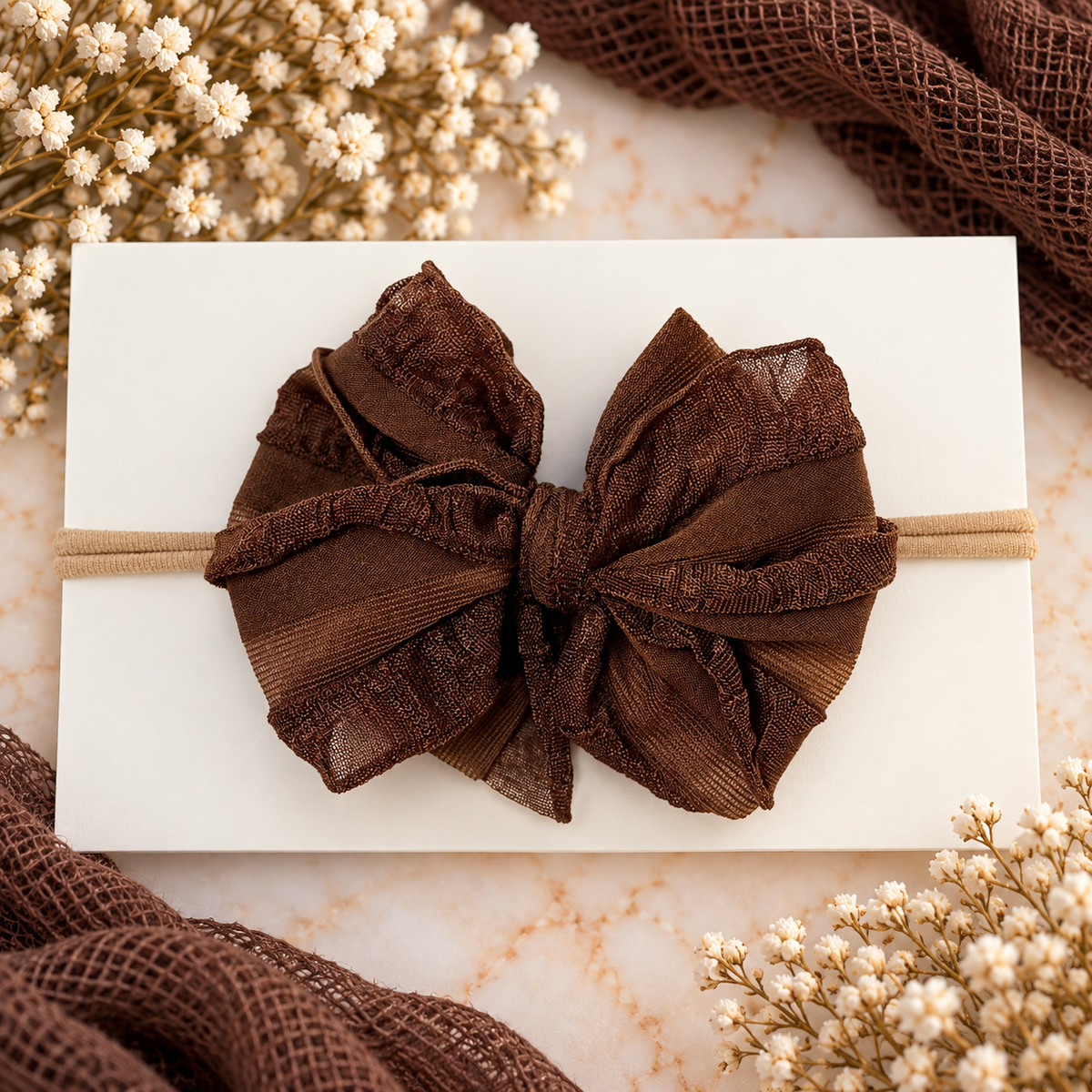Brown | Skinny Mini Nylon Ruffled Baby Headband