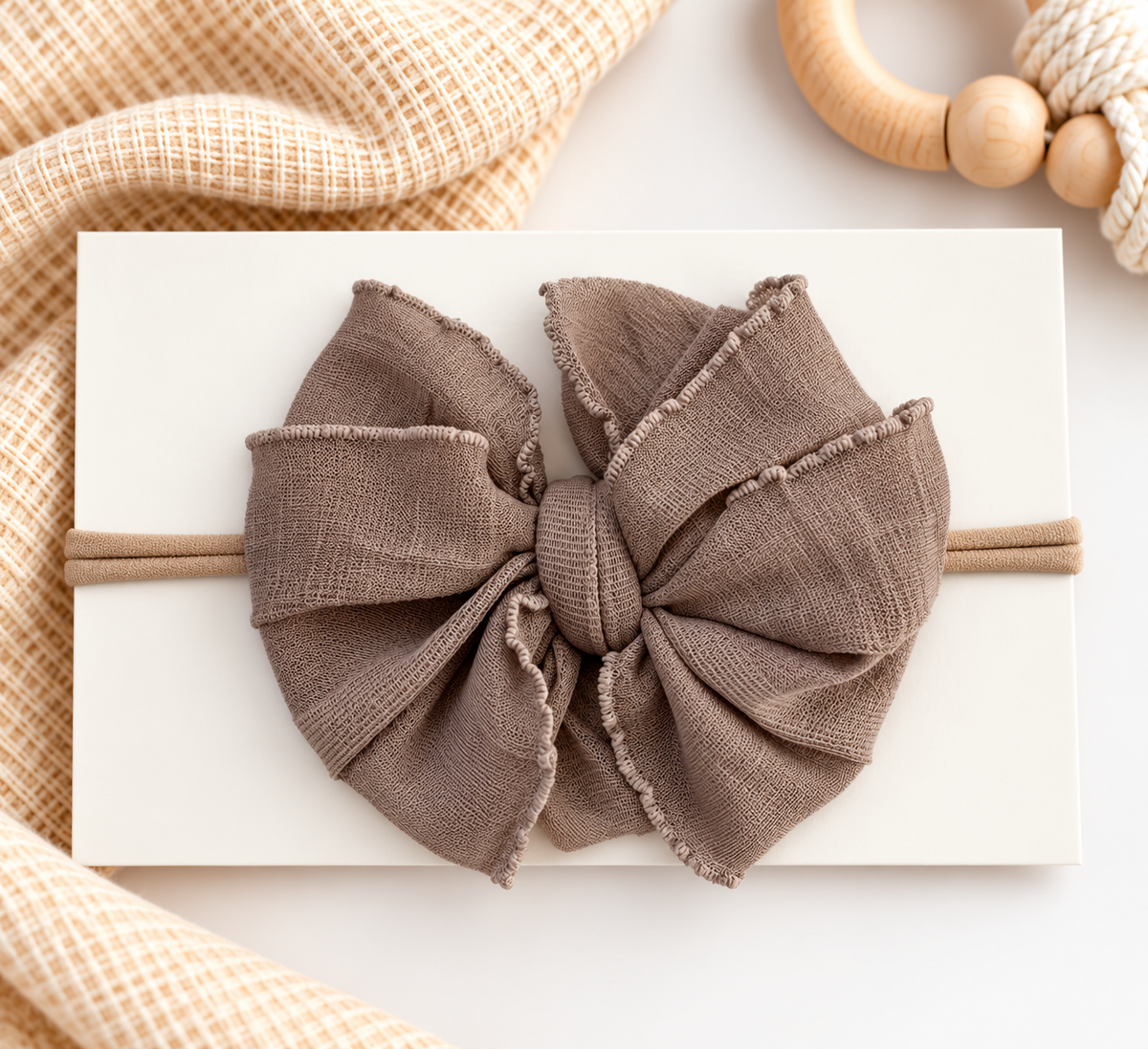 Mocha | Skinny Mini Nylon Ruffled Baby Headband