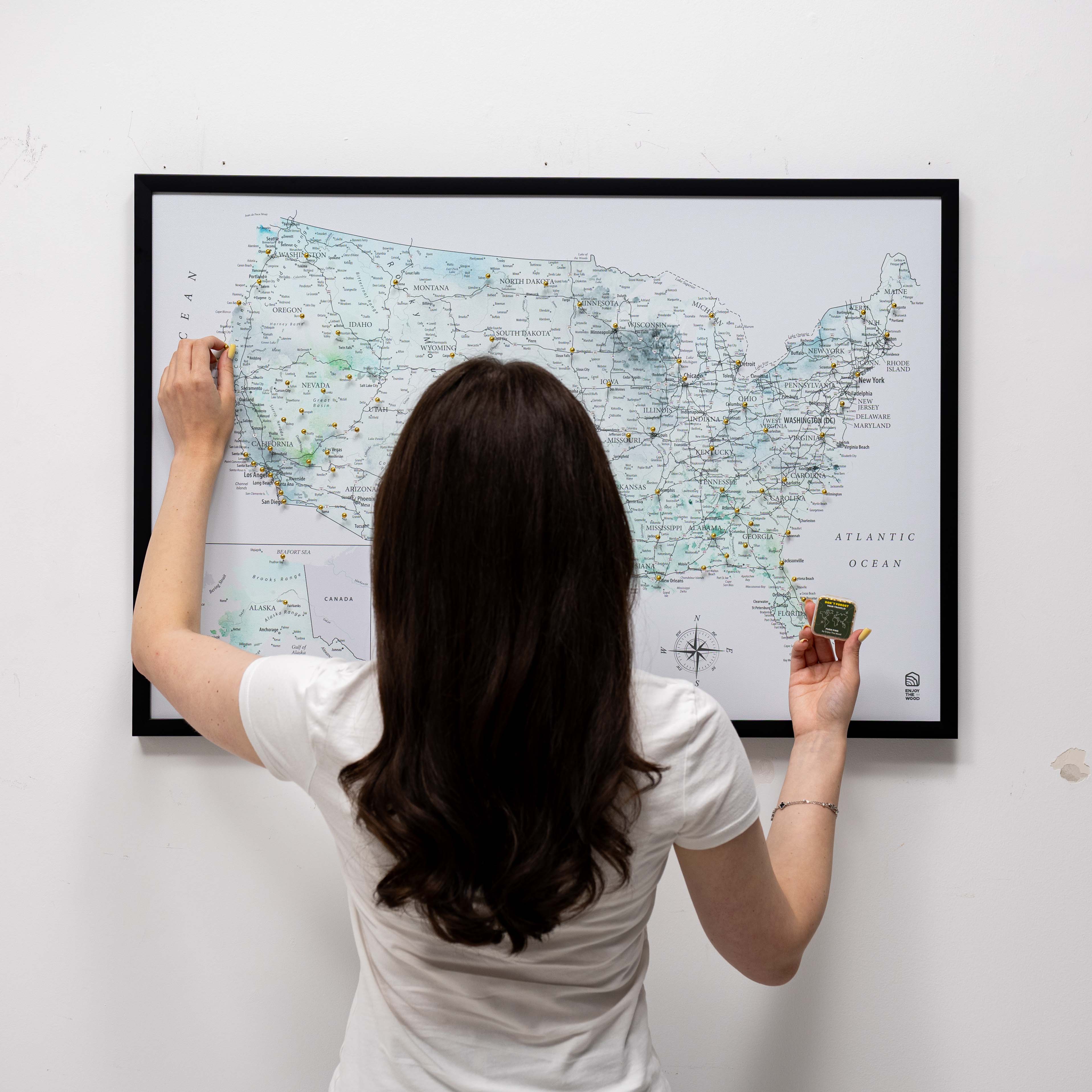 Wooden Canvas Usa Map - Sky Blue