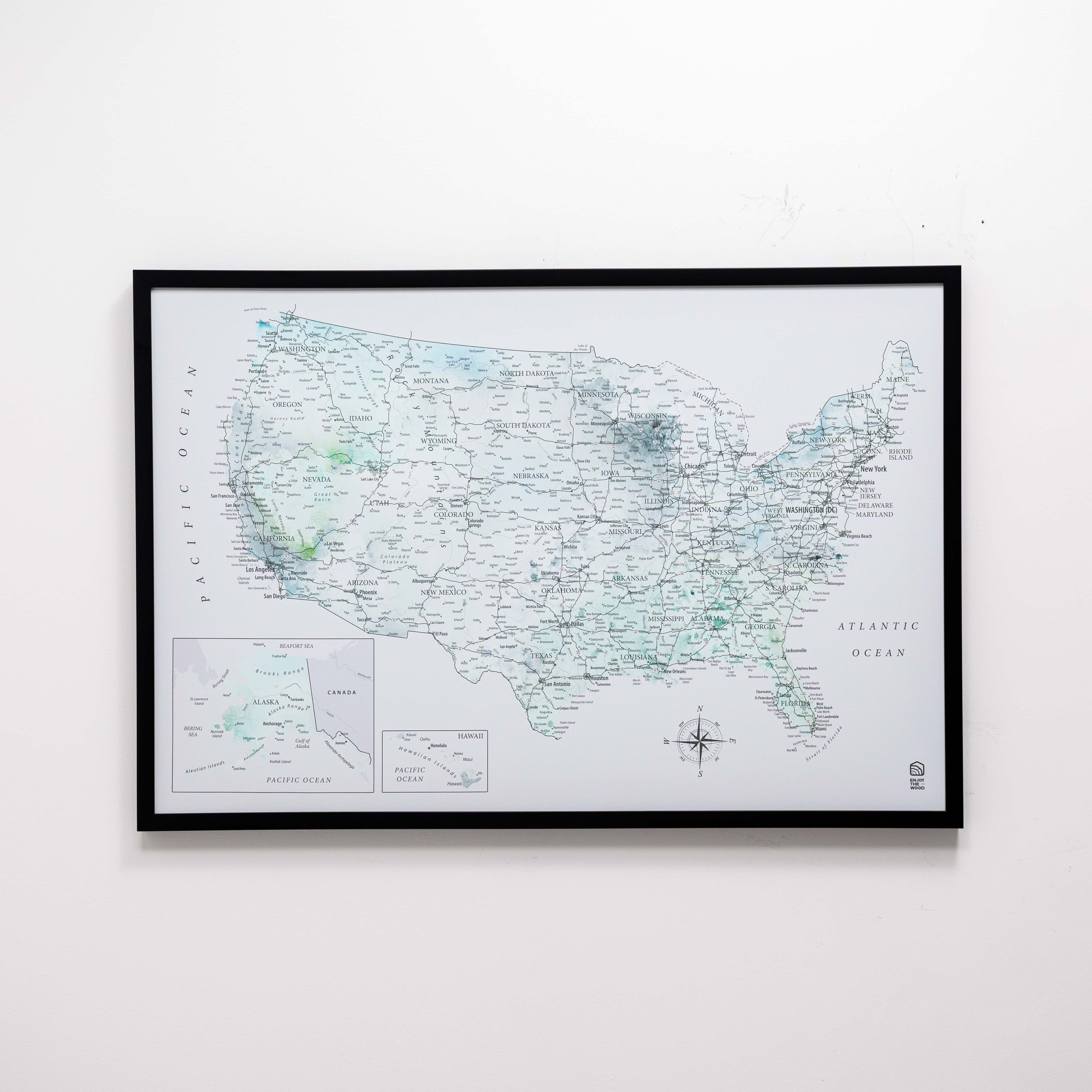 Wooden Canvas Usa Map - Sky Blue