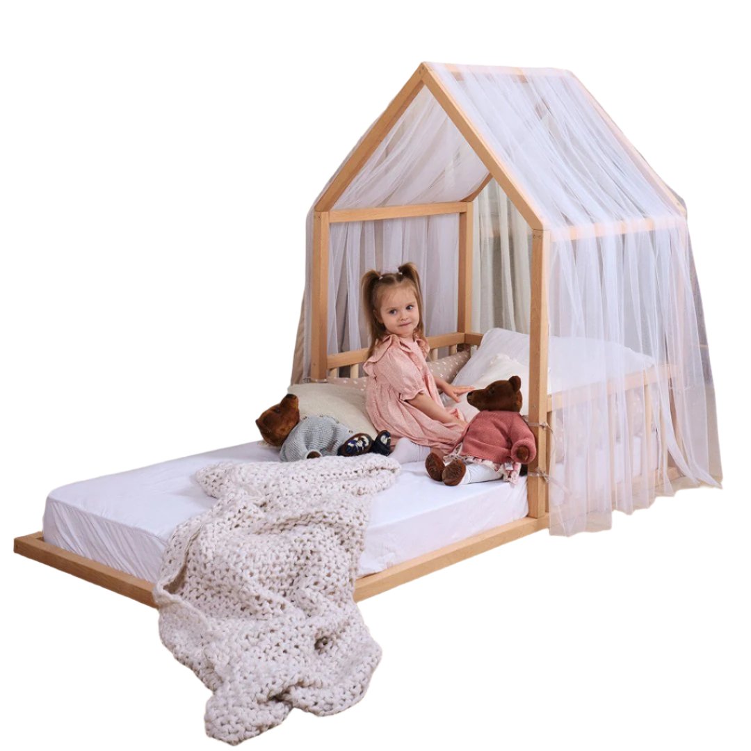 Small Wooden Montessori House Floor Bed With Fence And Roof For Kids (35*78 Inch)