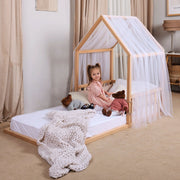 Small Wooden Montessori House Floor Bed With Fence And Roof For Kids (75x38 Inch)