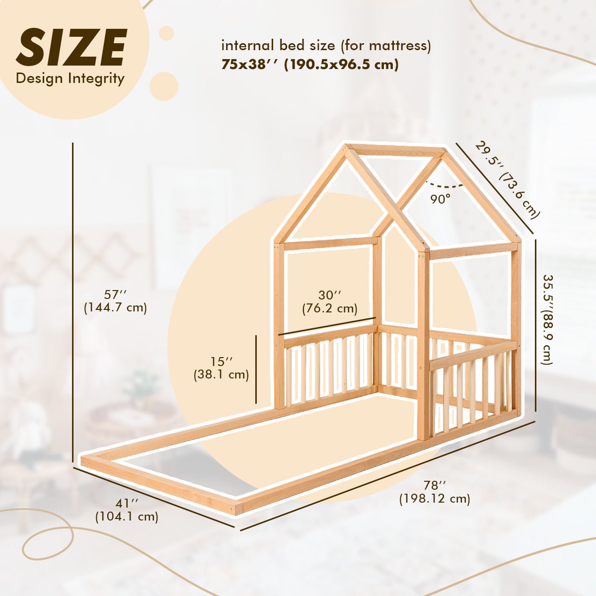 Small Wooden Montessori House Floor Bed With Fence And Roof For Kids (35*78 Inch)