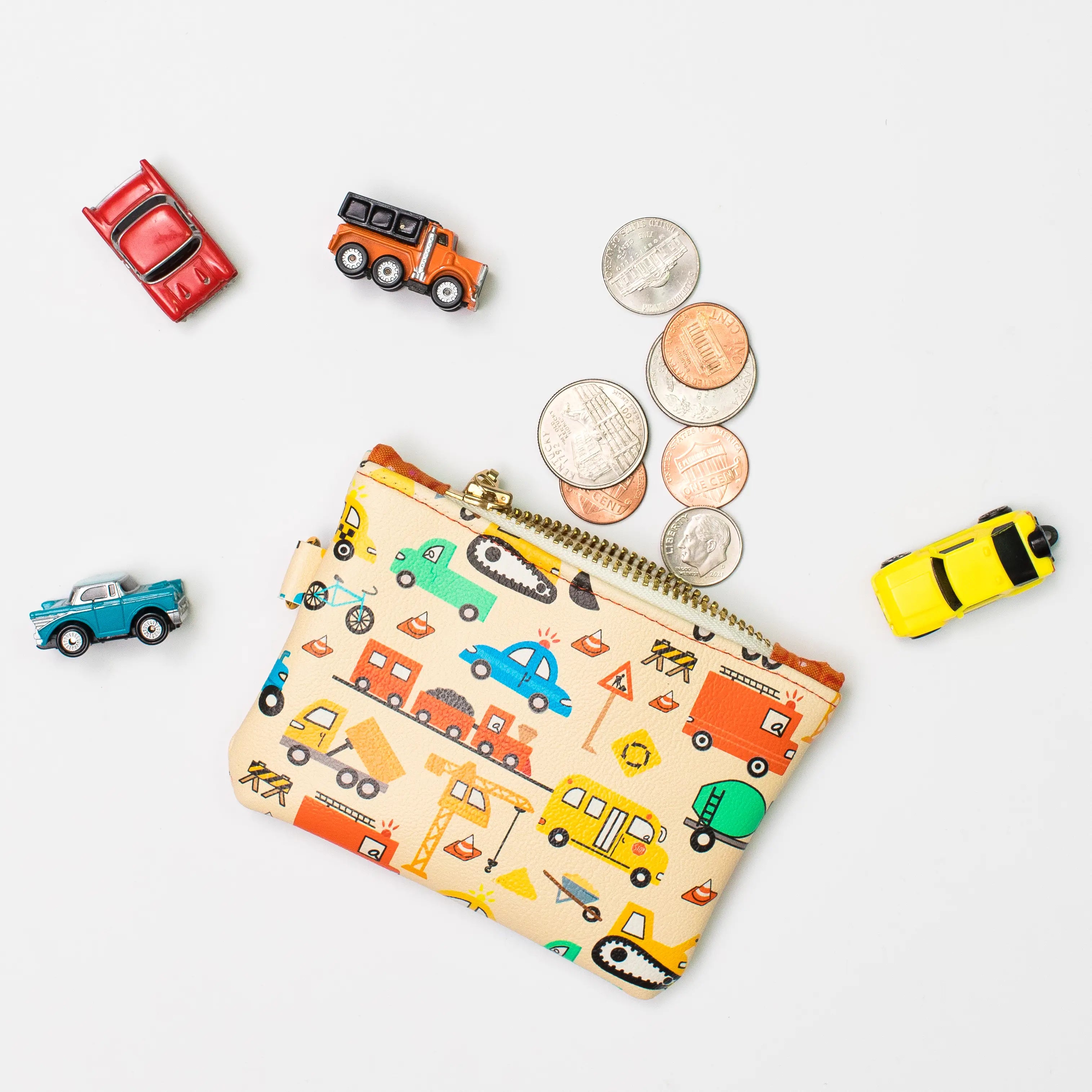 Small Purse For Coins – Cars & Construction Vehicle Print