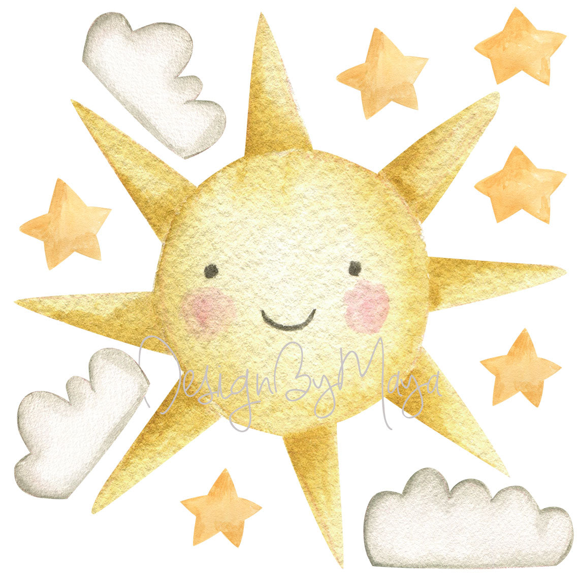 Watercolor Decals Sun & Clouds - Fabric Nursery Wall Art