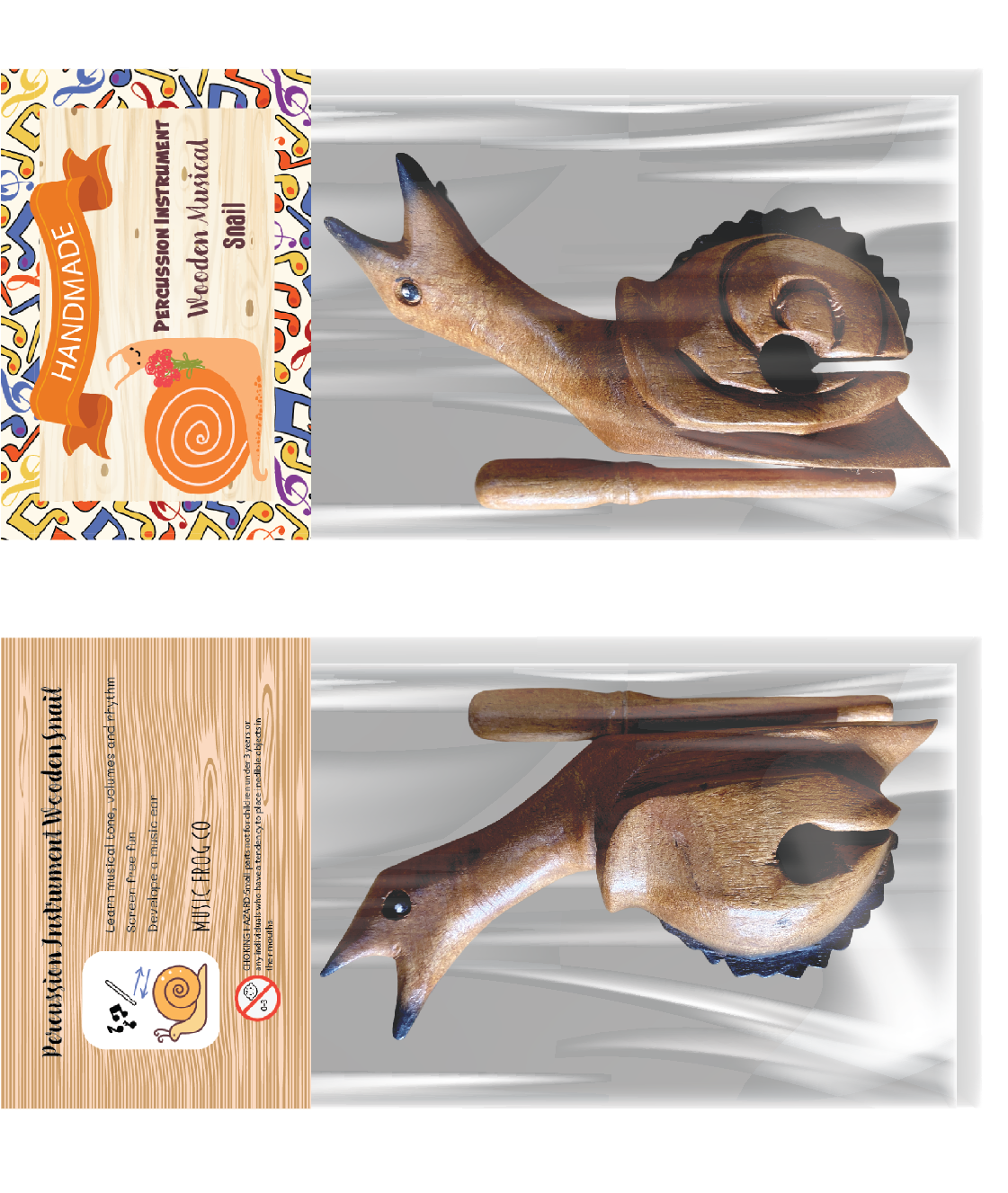 Dark Stained Wooden Musical Snail Percussion Instrument