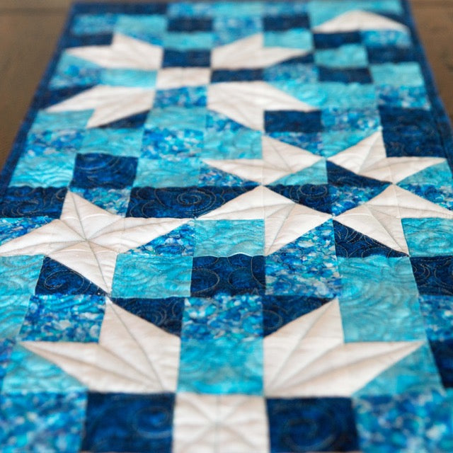Standout Stars In Icy Blue Quilted Table Runner Precut Quilt Kit