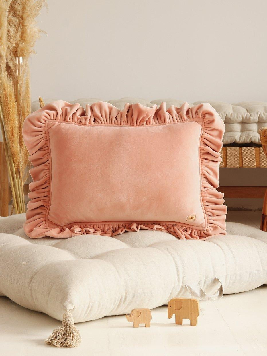 Apricot Soft Velvet Pillow With Frill