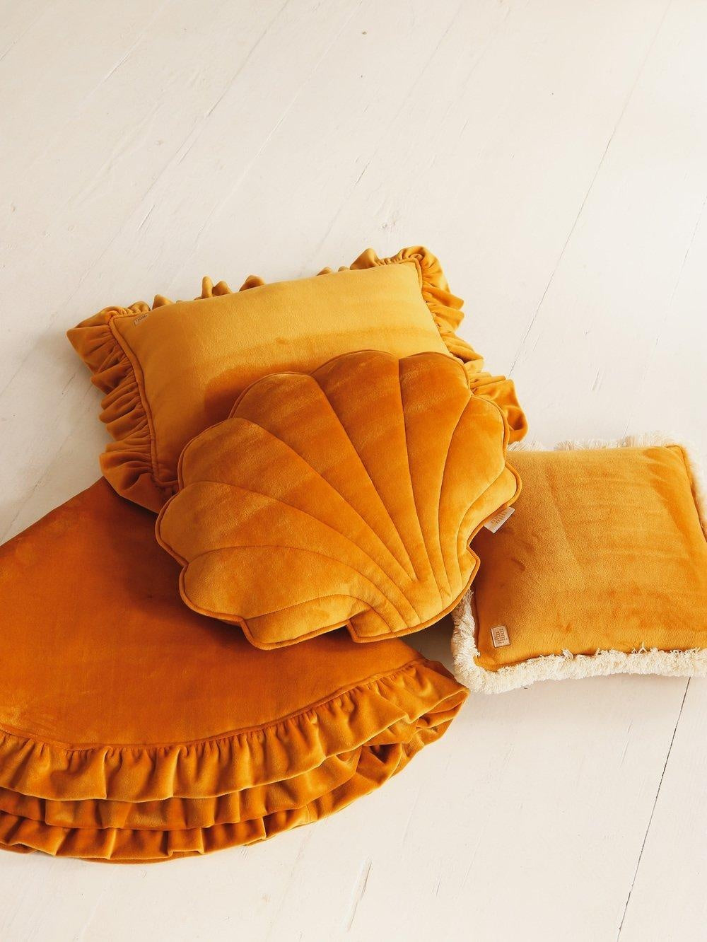 mustard Soft Velvet Pillow With Frill