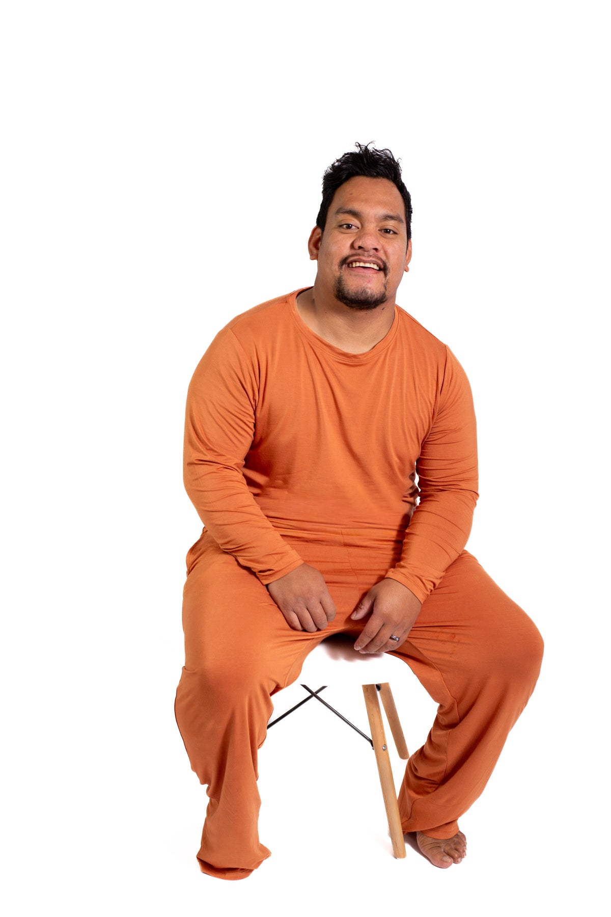Mens Long Sleeve Solid Bamboo Pajama- Color Orange, Crew Neck