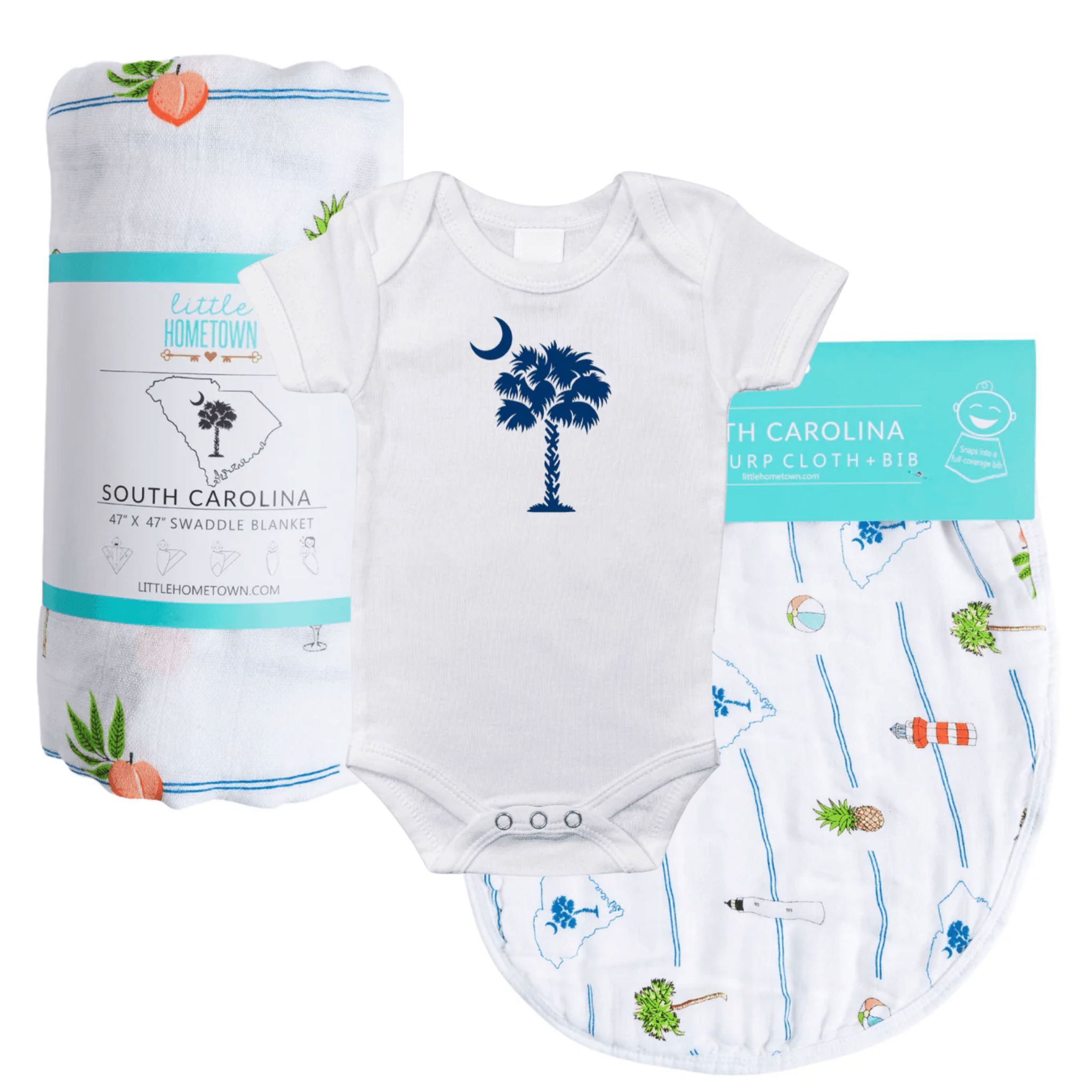 South Carolina Palmetto Moon Newborn Gift Bundle: Swaddle, Bib & Onesie