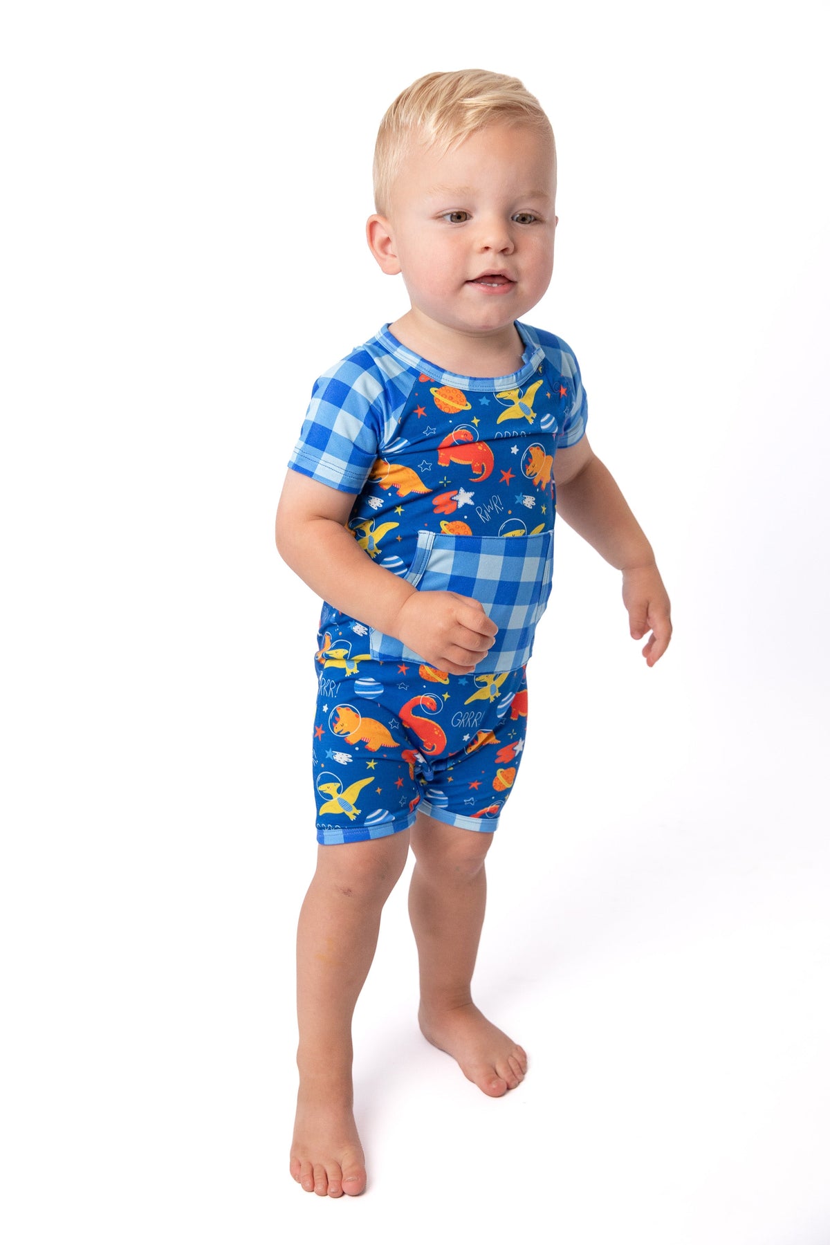 Space Dinosaur Bamboo Short Romper | Electric Blue