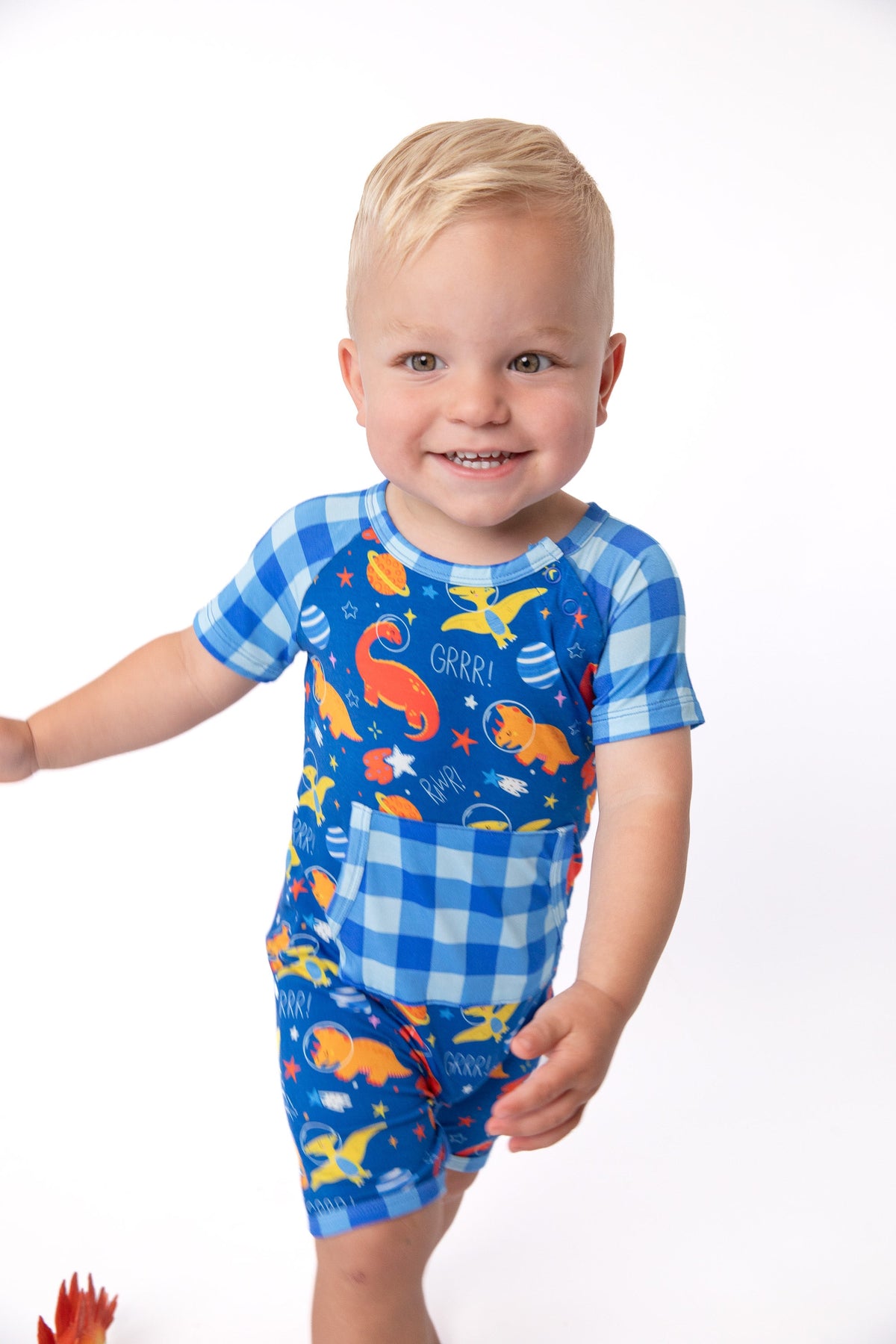 Space Dinosaur Bamboo Short Romper | Electric Blue