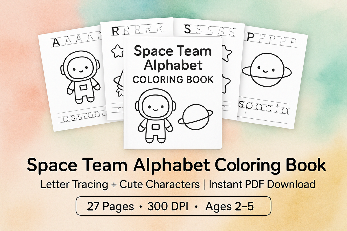 Space Team Alphabet Coloring Book — A–z Tracing