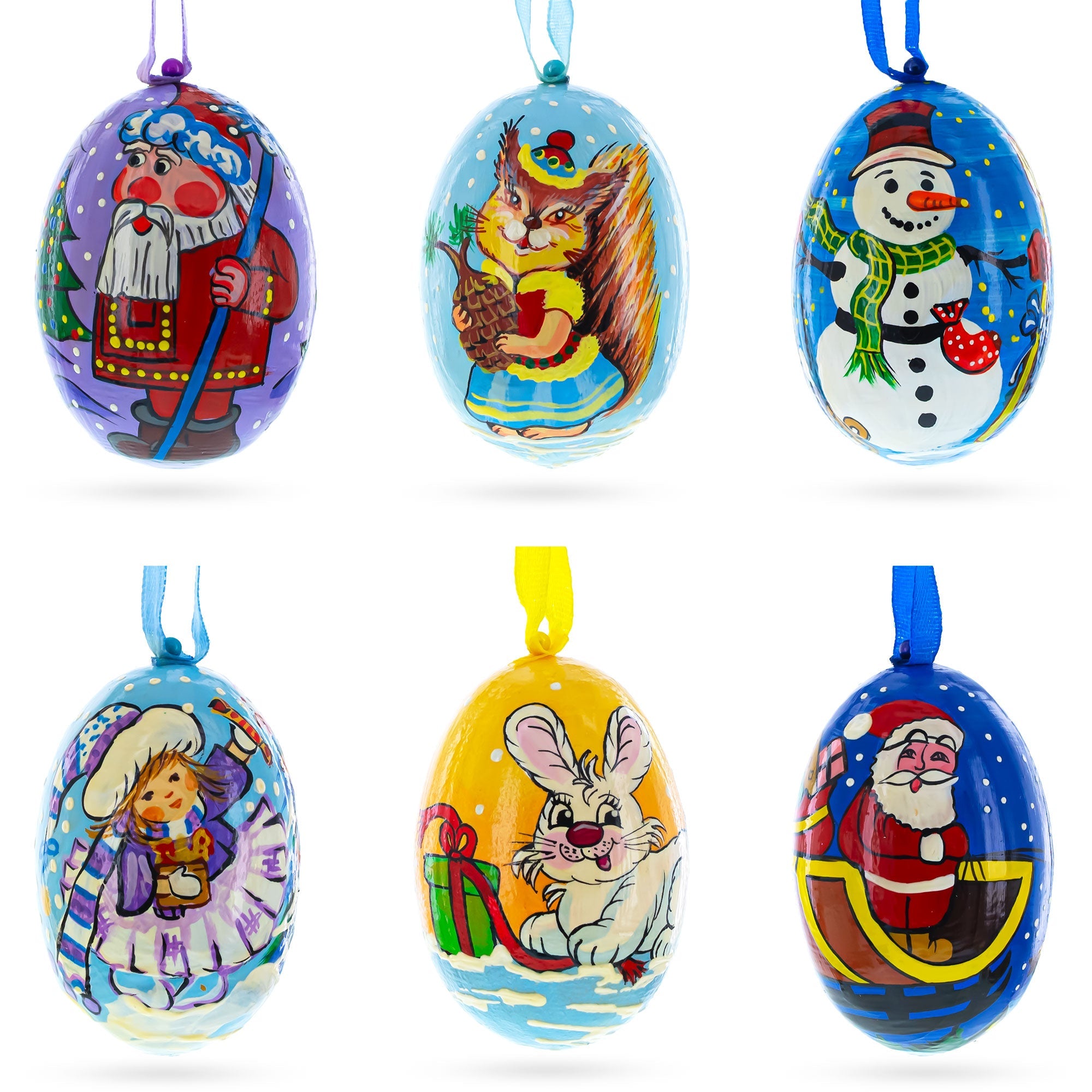 Santa, Snowman, Bunny, Squirrel And Girl Wooden Christmas Ornaments 3 Inches