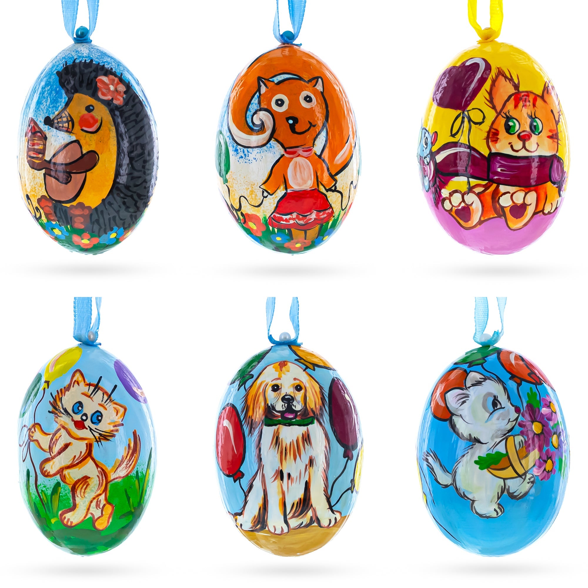 Set Of 6- Dog, Cat, Bear, Squirrel Wooden Christmas Ornaments 3 Inches