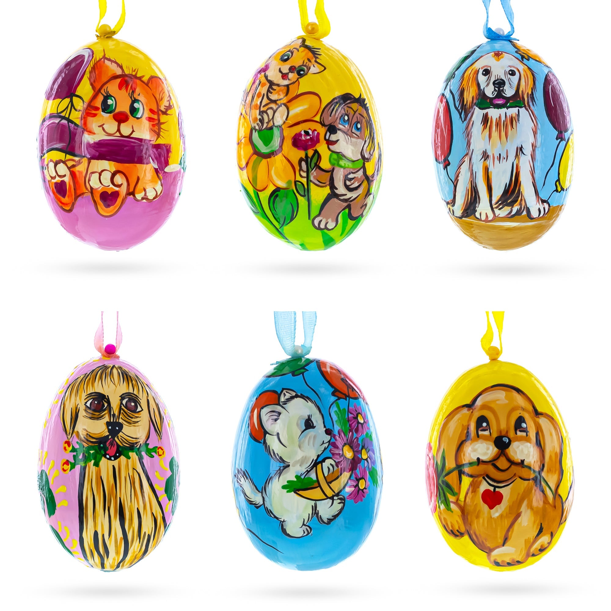 Set Of 6- Cats And Dogs Wooden Easter Wooden Christmas Ornaments3 Inches