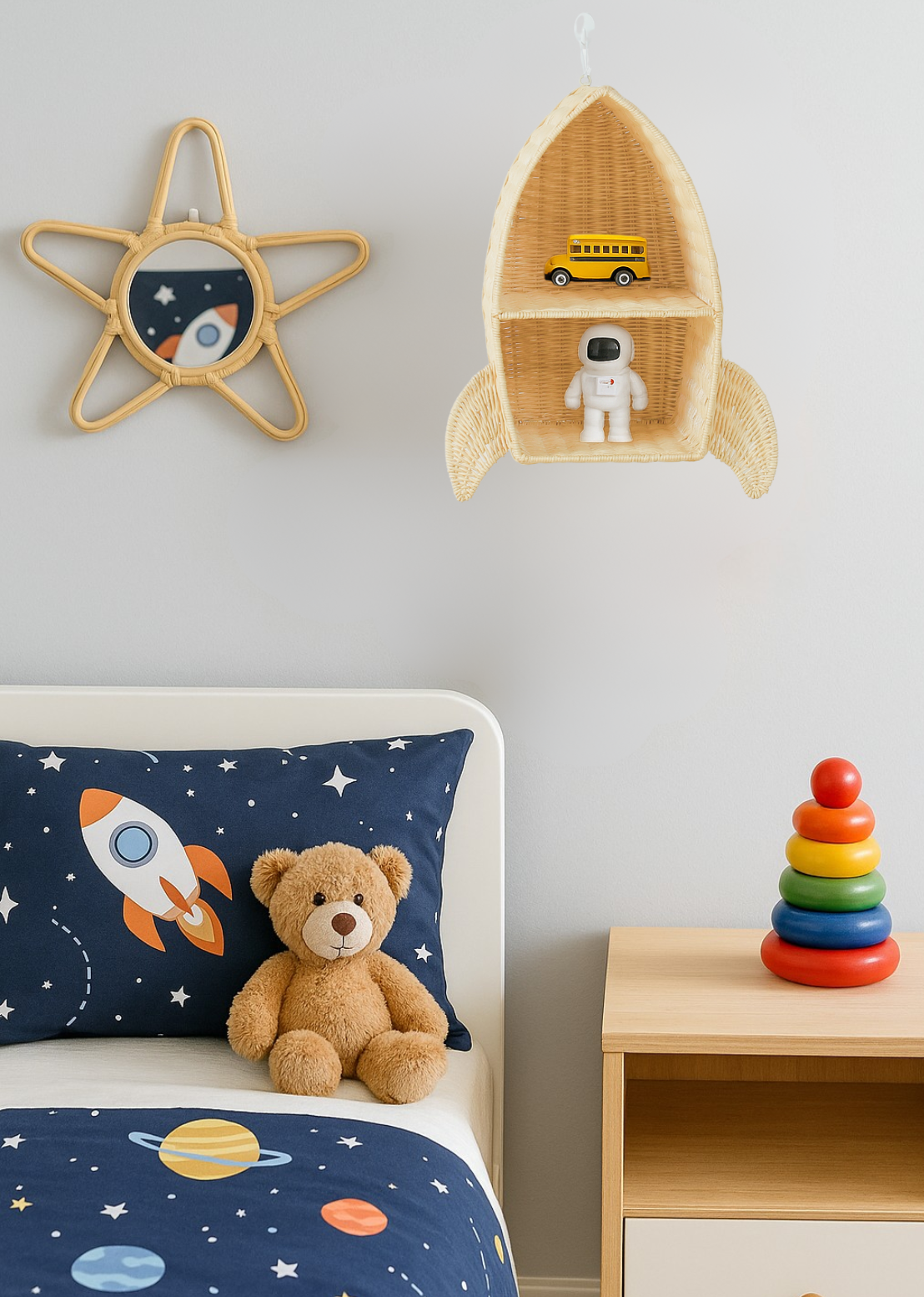 Rattan Star Wall Mirror – Boho & Space Kids Room Decor - Celestial Theme - Universe Theme Kids Room